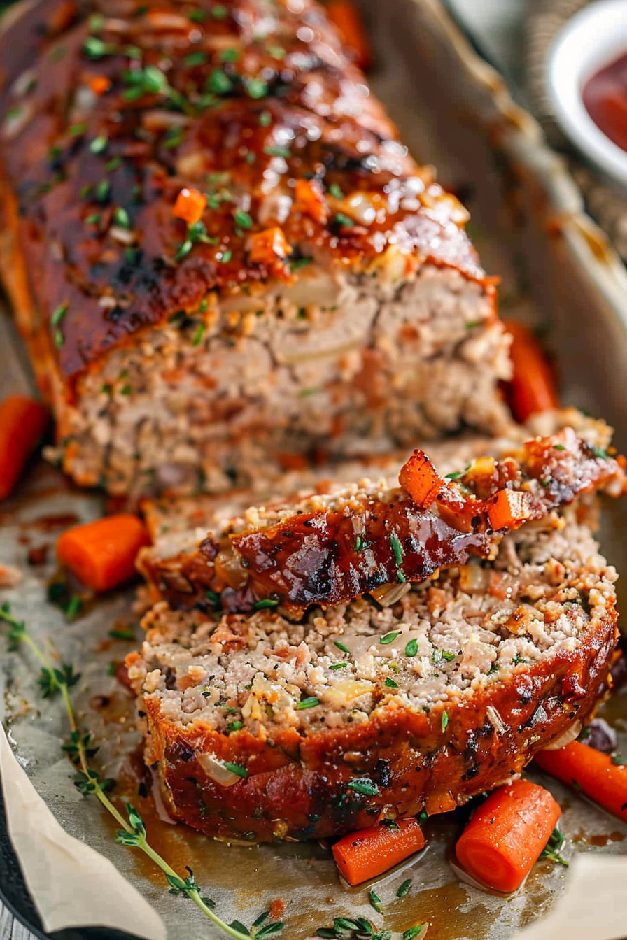 Golden brown meatloaf slices arranged on a parchment-lined tray, highlighting its savory crust.