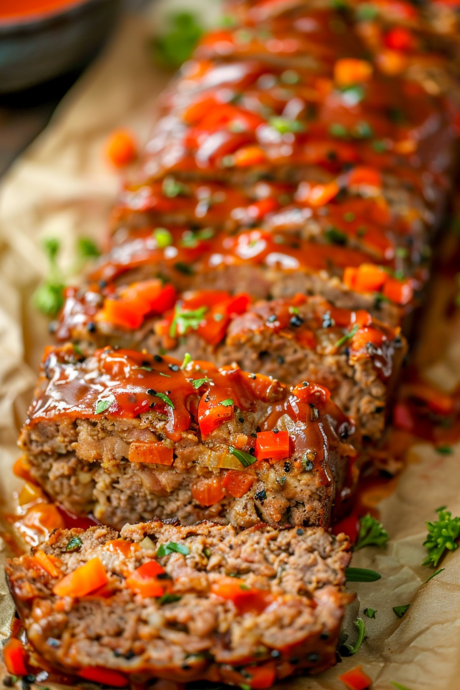 A hearty and flavorful meatloaf plated with roasted vegetables, perfect for a wholesome dinner.