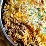 A hearty skillet meal featuring tender pasta coated in a rich, meaty tomato sauce and melted cheese.