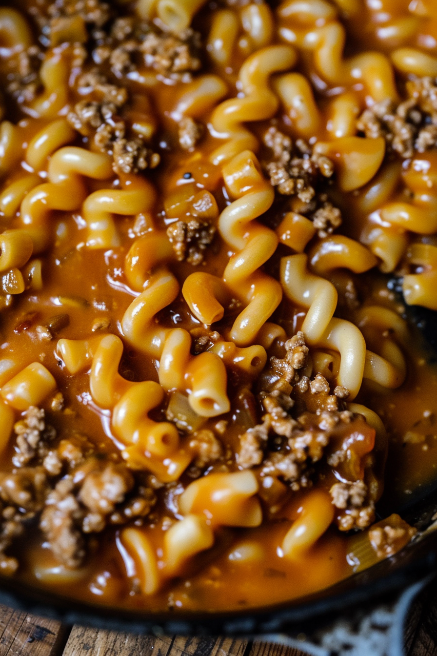 Warm, cheesy pasta with ground beef and tomato sauce garnished with fresh herbs in a pan.