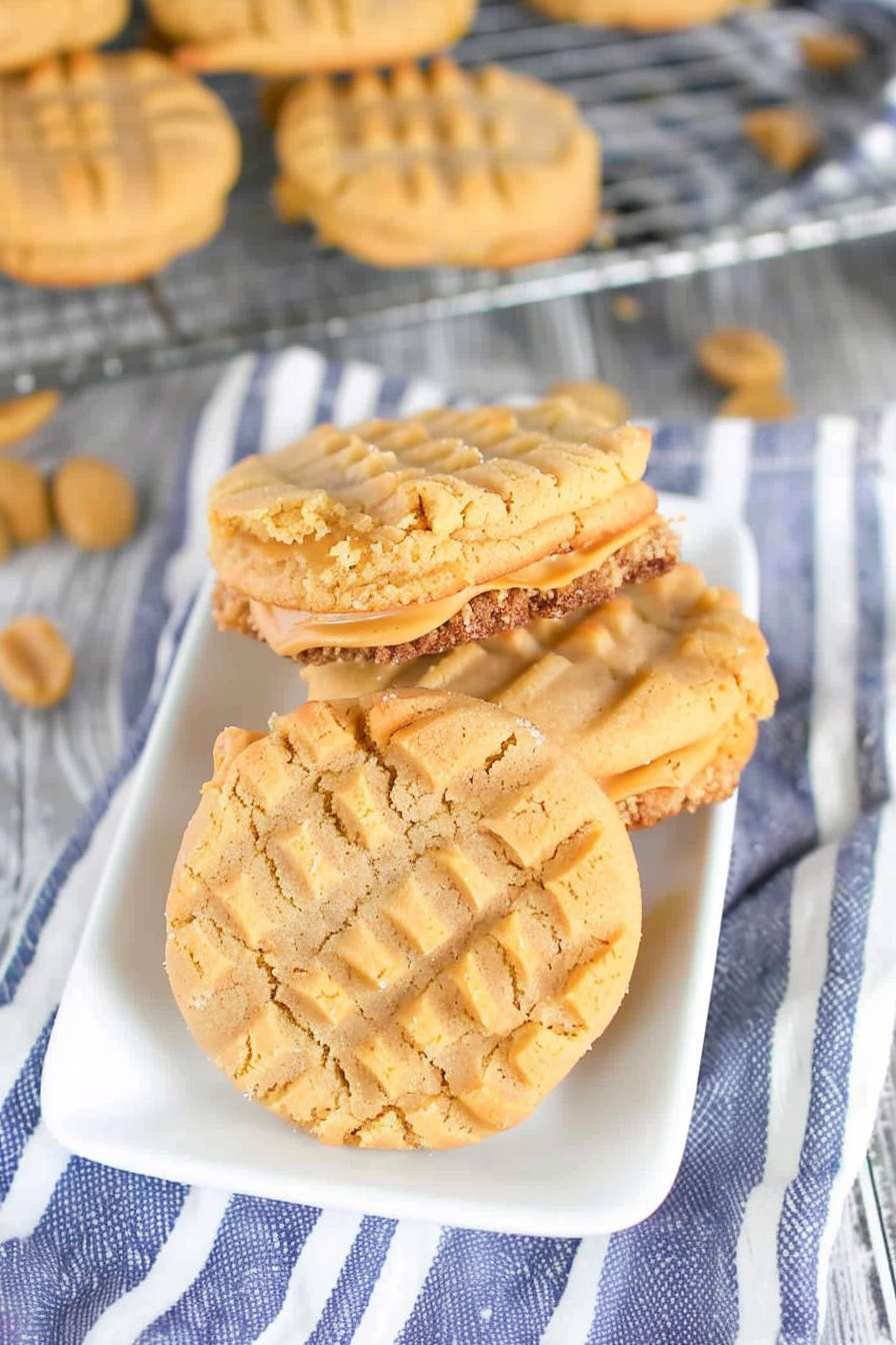 Peanut butter sandwich cookies arranged on a plate, sprinkled with a touch of sea salt for garnish.