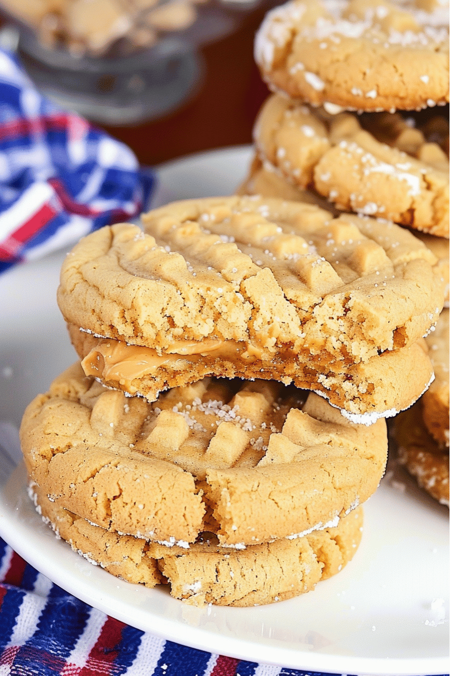 Close-up of freshly baked peanut butter sandwich cookies filled with creamy peanut butter.