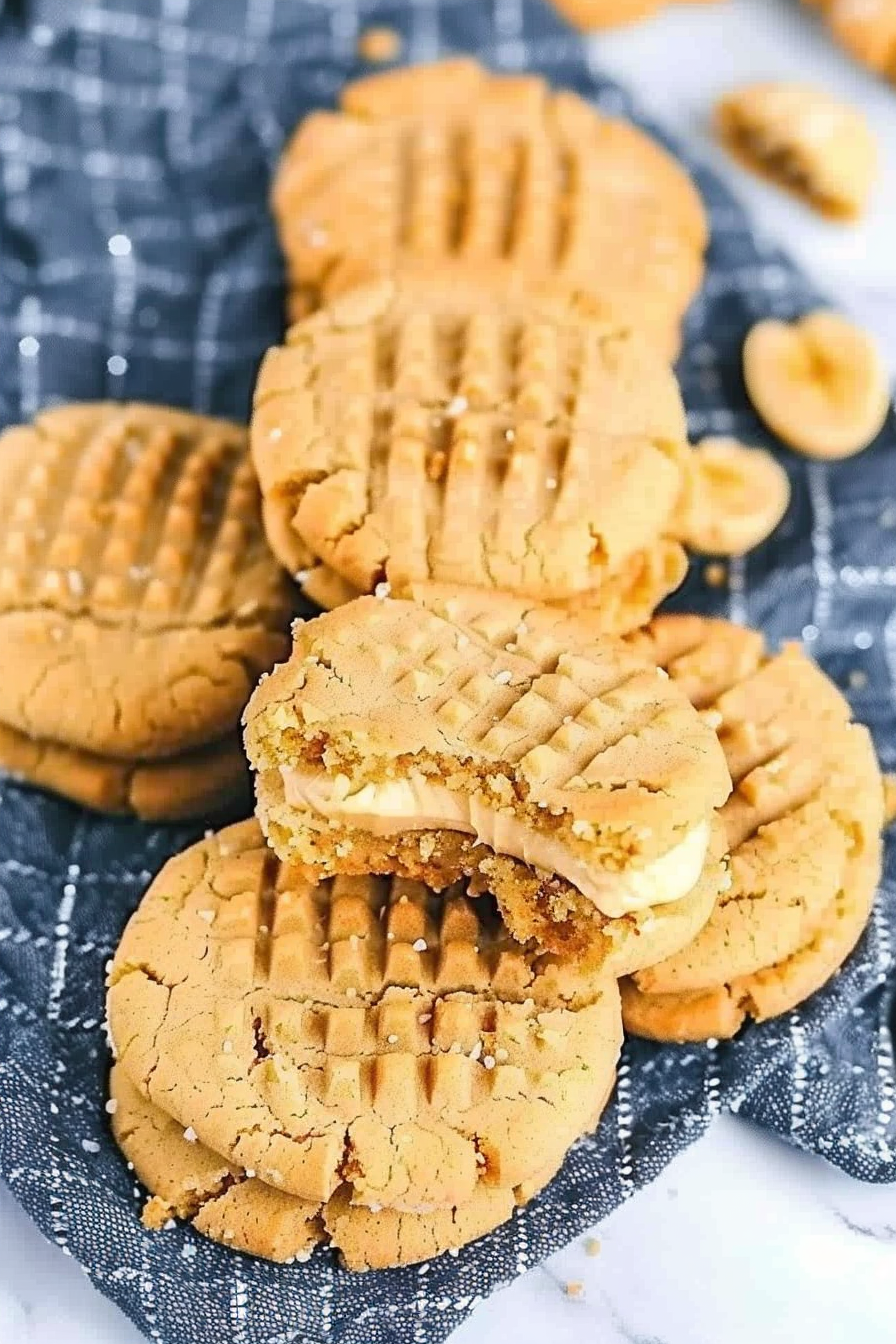 Homemade peanut butter sandwich cookies cooling on a rack, ready to be served.