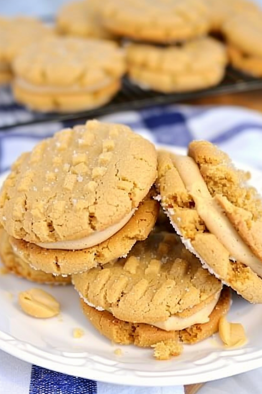 A plate of golden peanut butter sandwich cookies with a creamy peanut butter center, perfect for snacking.