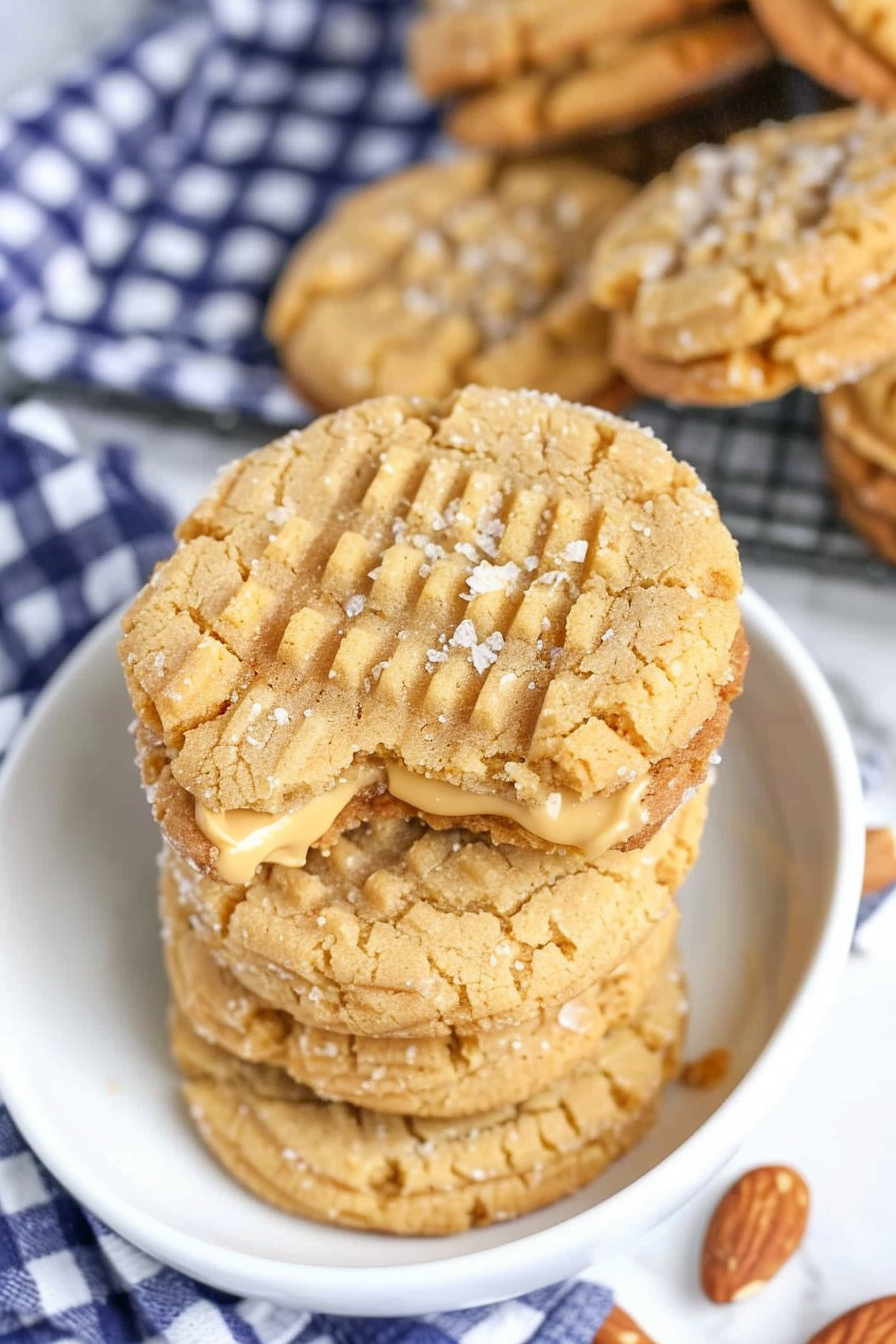 A stack of peanut butter sandwich cookies with a bite taken out, showcasing the rich filling.