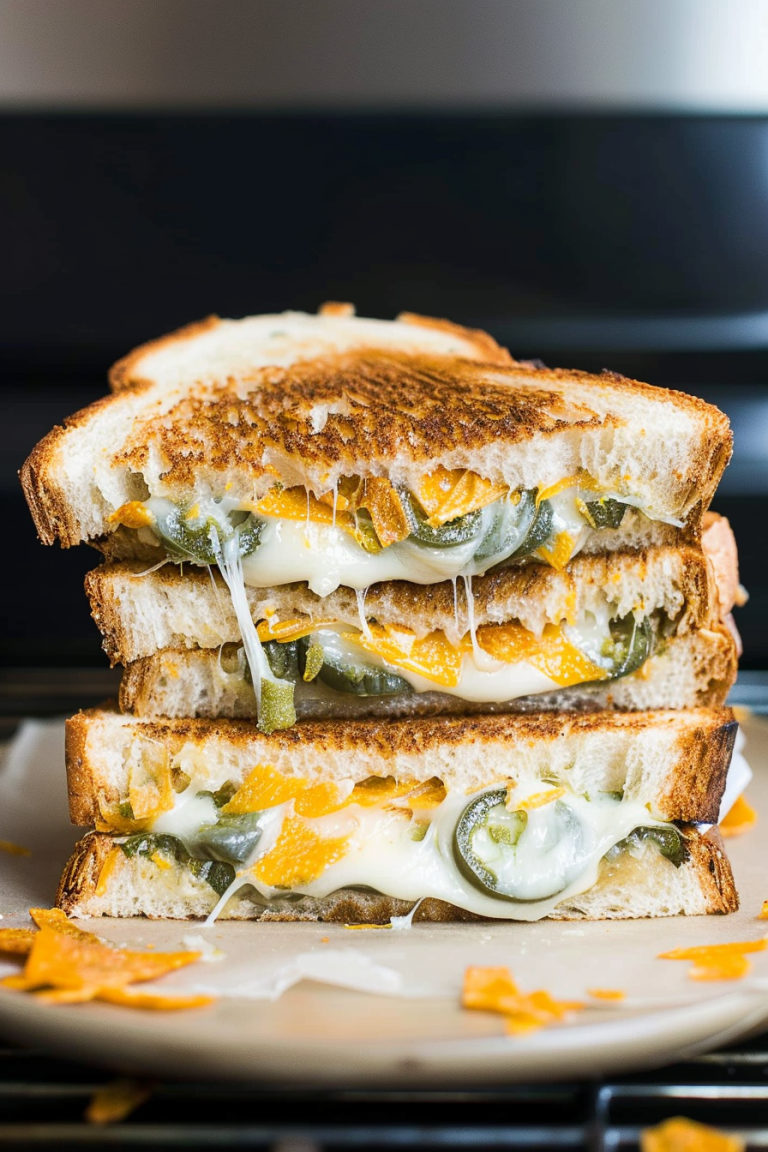 Golden-brown grilled cheese sandwich oozing with melted cheese and spicy jalapeño slices, stacked and ready to enjoy.