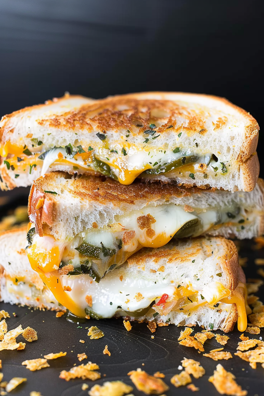 Close-up of a perfectly grilled sandwich, filled with creamy cheese, tangy jalapeños, and crispy golden bread.