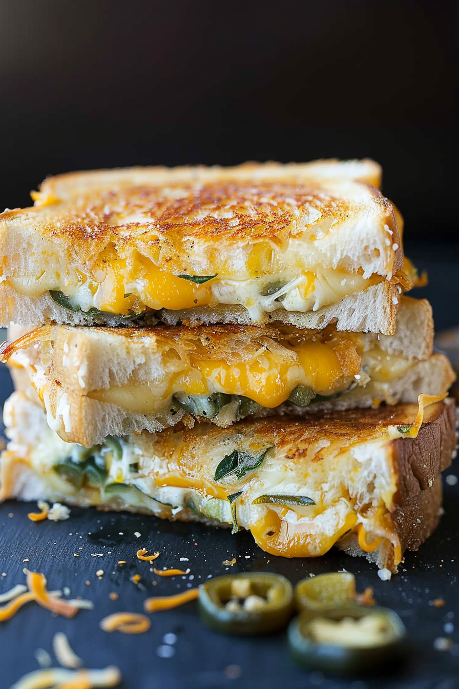 A stack of grilled cheese sandwiches bursting with jalapeños and gooey melted cheese on a dark surface with scattered crumbs.