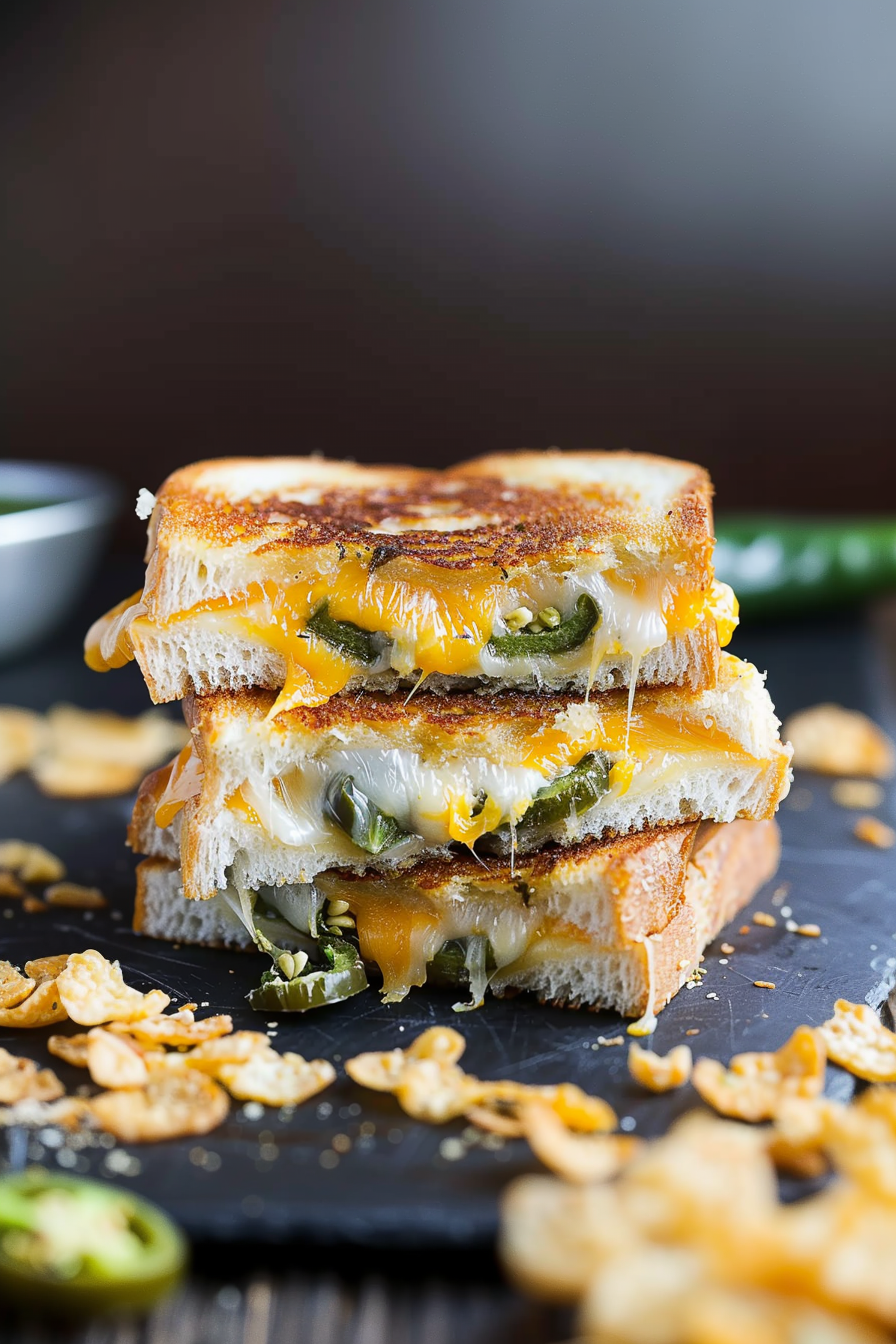 Crispy, buttery bread encasing melted cheddar, cream cheese, and jalapeño slices, with golden edges.