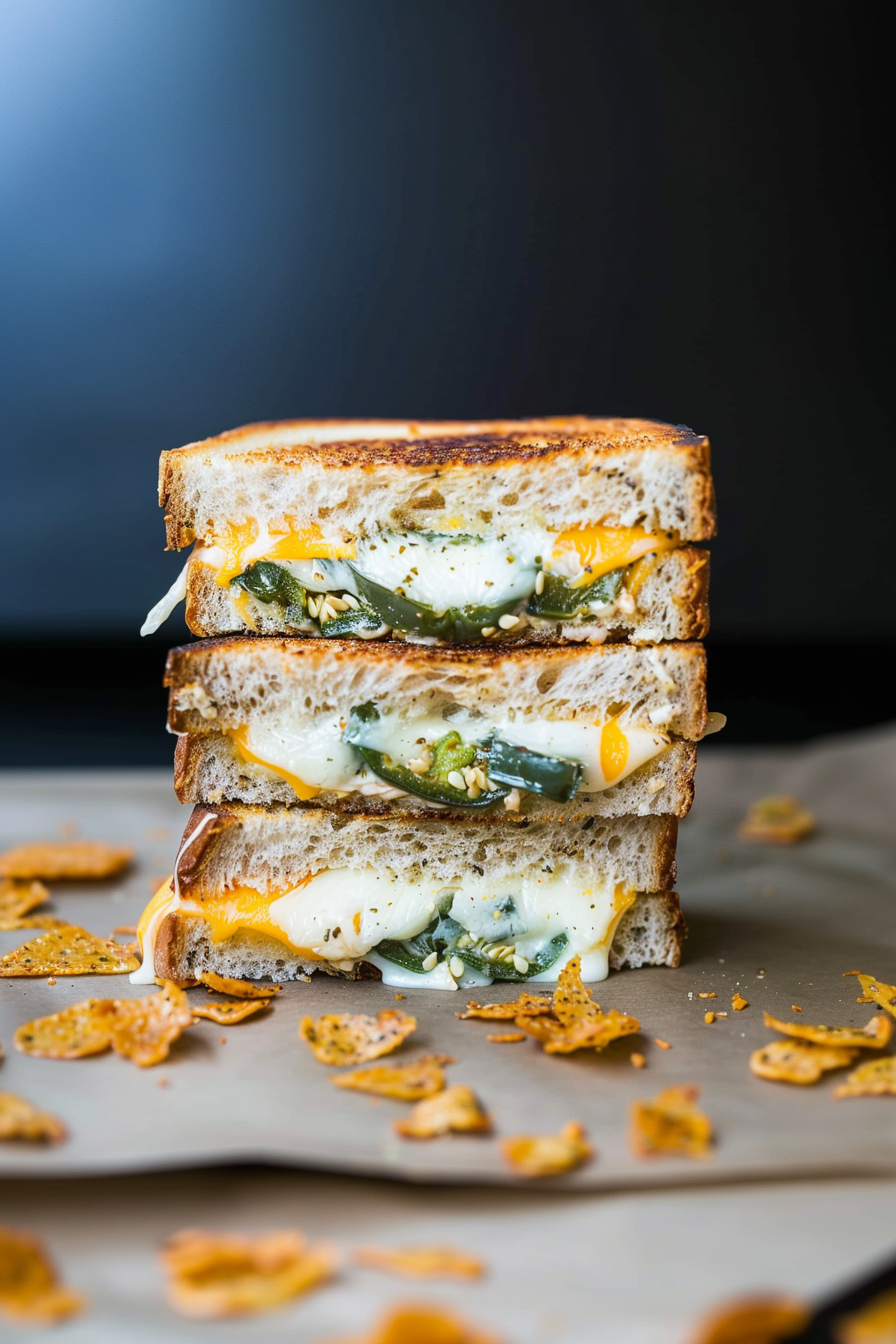 A mouthwatering view of a jalapeño popper grilled cheese sandwich, showcasing the cheesy filling and crunchy crust.