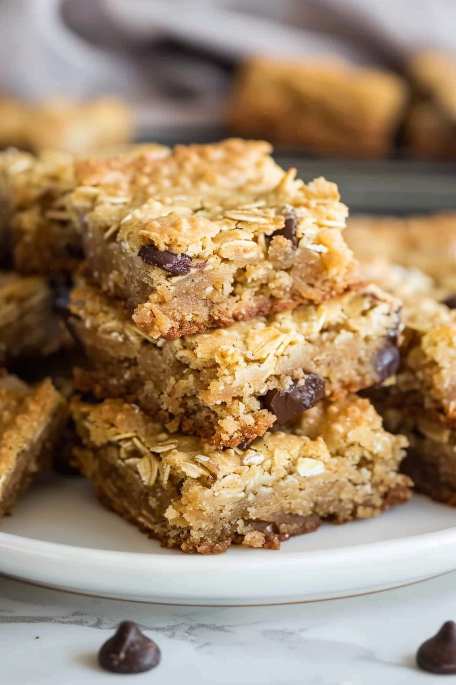 A close-up of gooey oatmeal bars with a golden brown crust on a white plate."