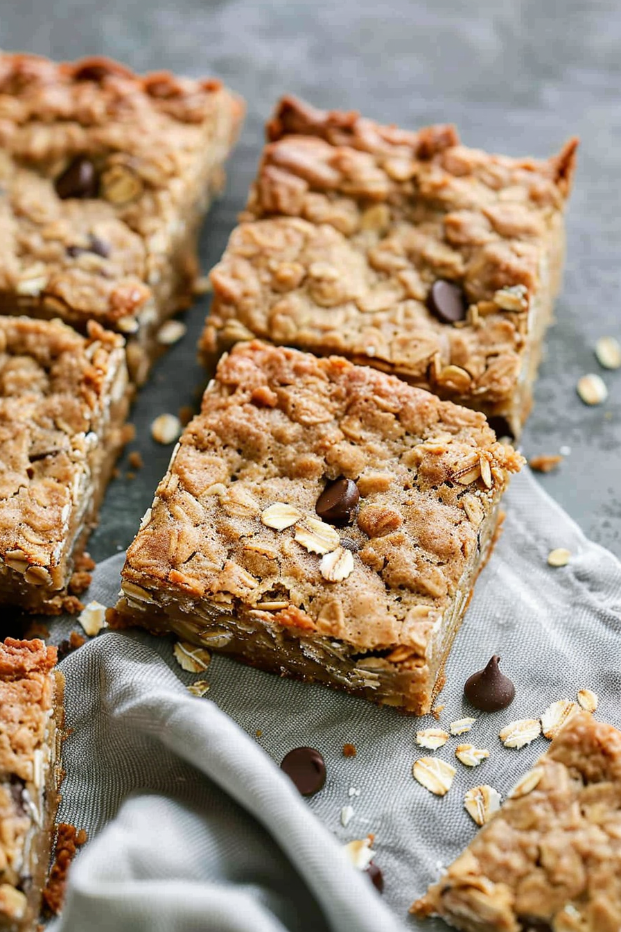 A stack of chewy oatmeal cookie bars with chocolate chips and oats visible.