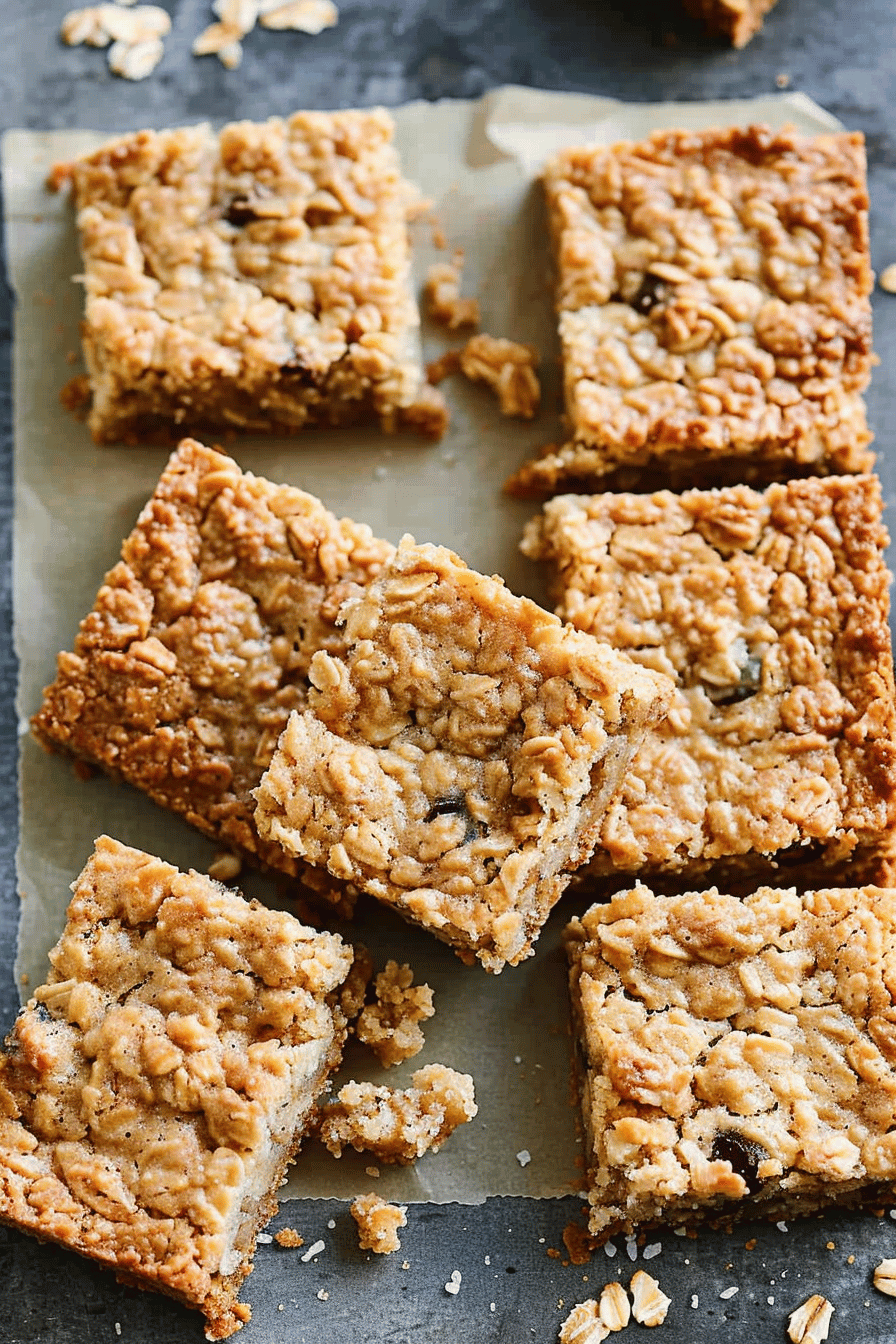 An overhead view of oatmeal bars arranged neatly on a baking sheet.