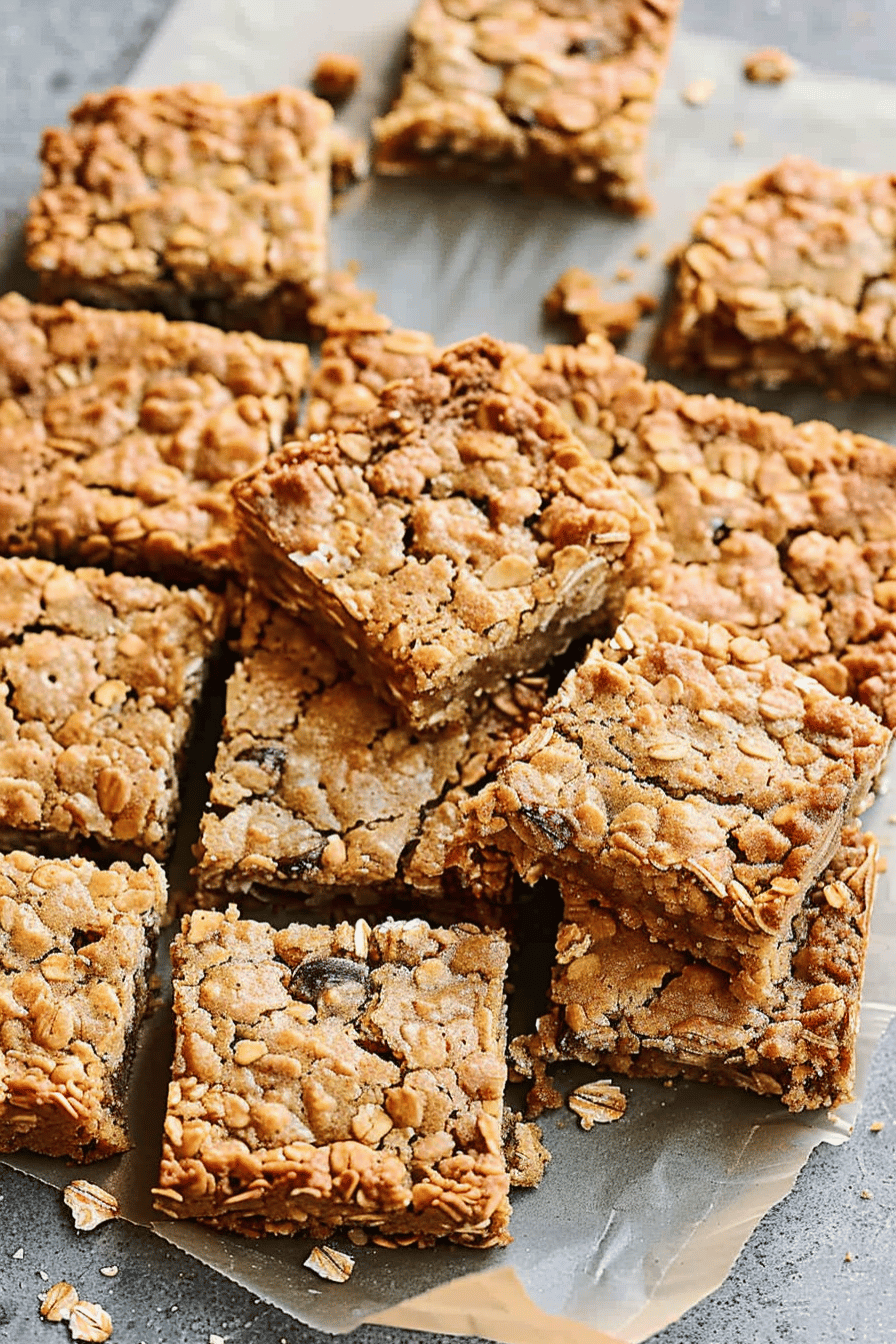 Oatmeal bars cut into squares and scattered on a parchment-lined surface.