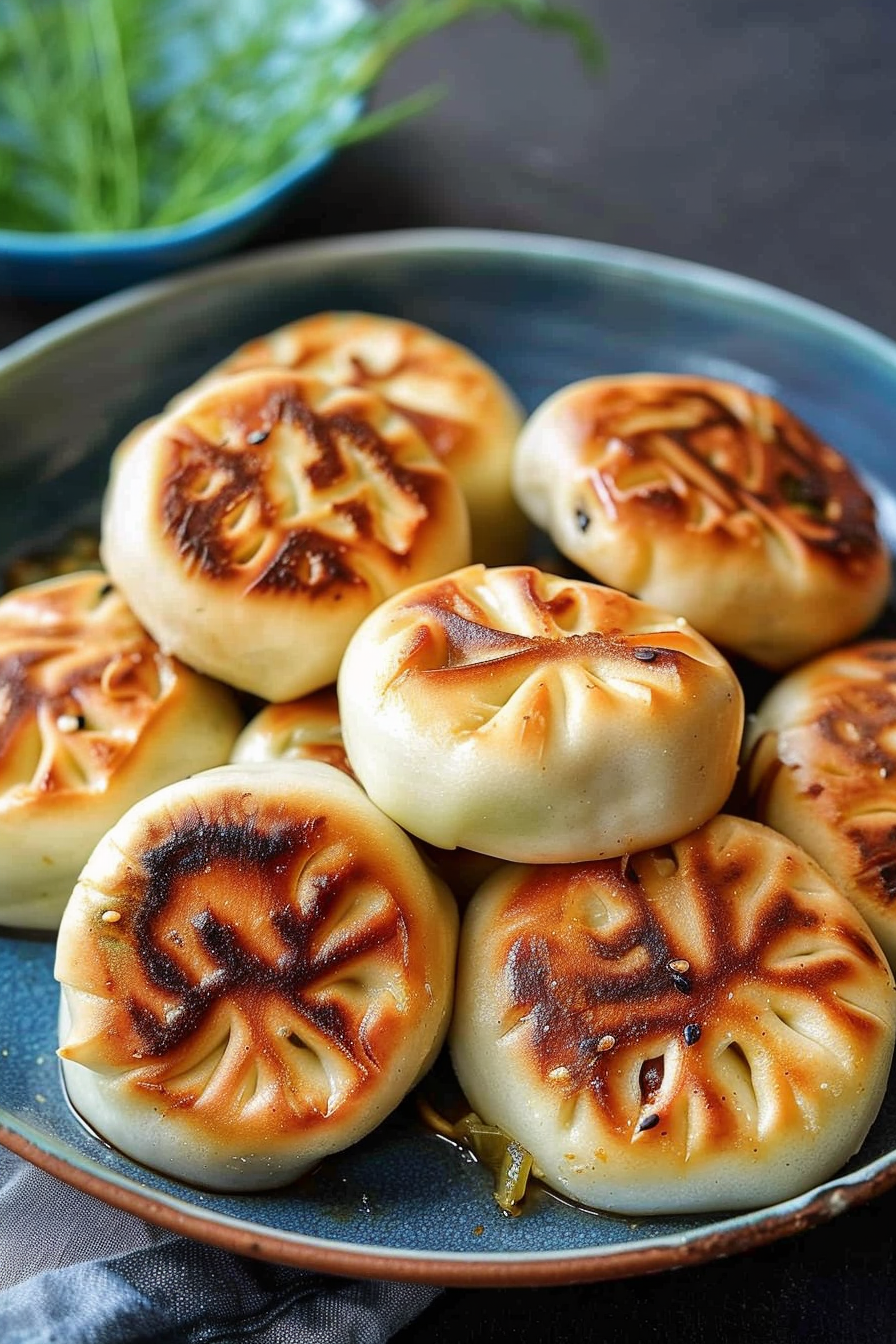 Golden-brown pan-fried buns with a crispy exterior, arranged on a ceramic plate, ready to serve.