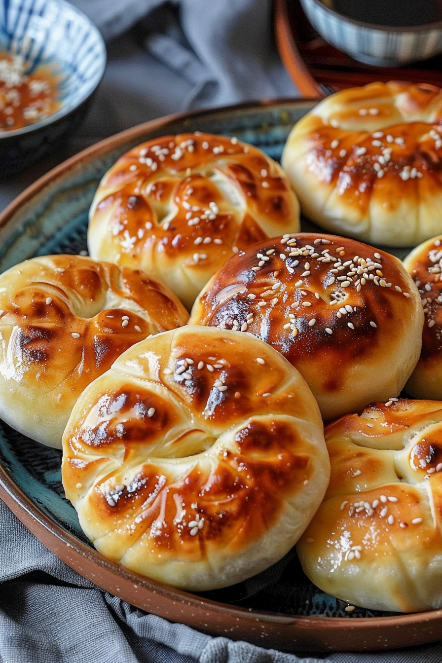 Close-up of pan-fried cabbage and noodle buns showcasing their detailed pleats and perfectly browned tops.