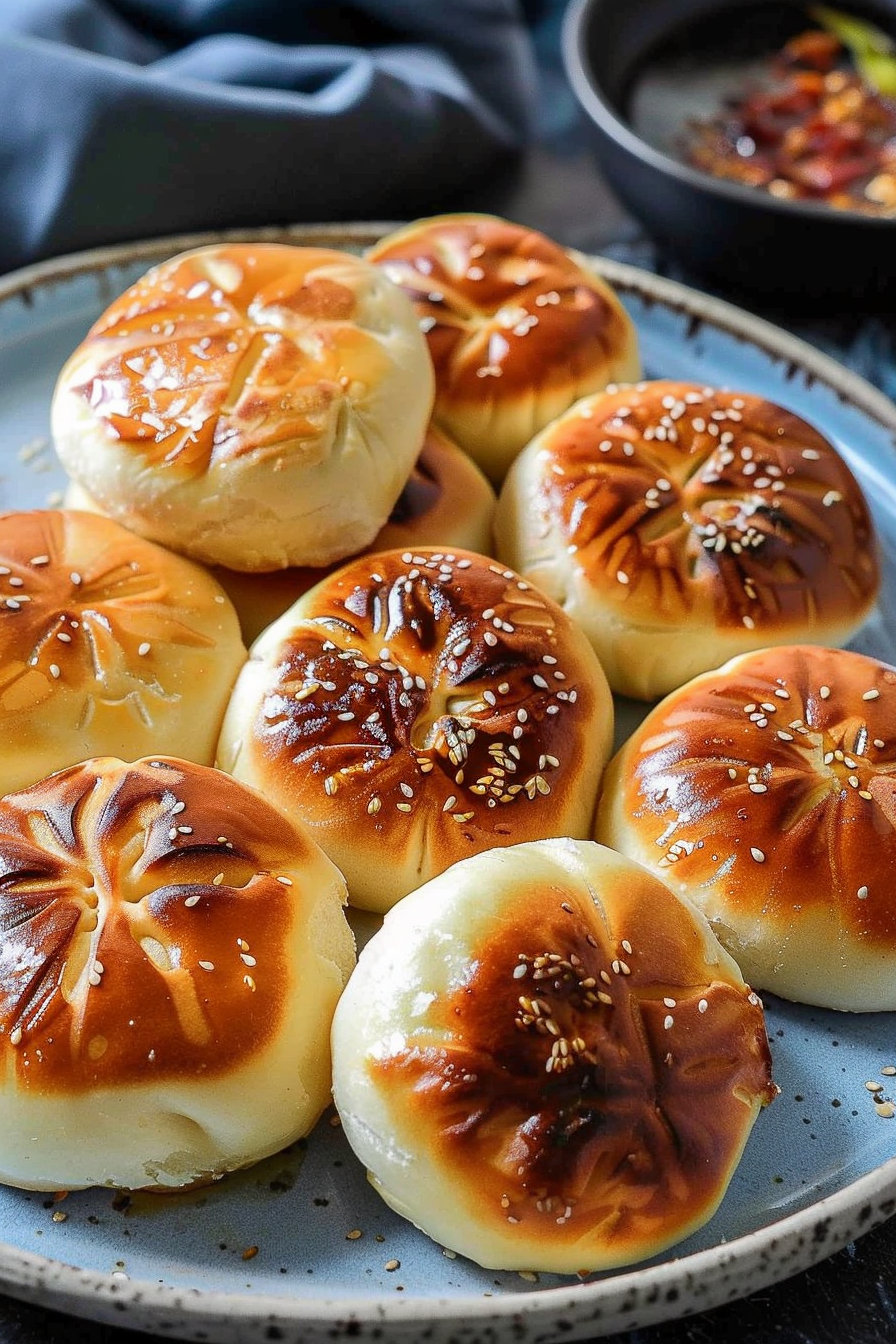 A stack of freshly cooked pan-fried buns garnished with sesame seeds, sitting on a rustic blue plate.