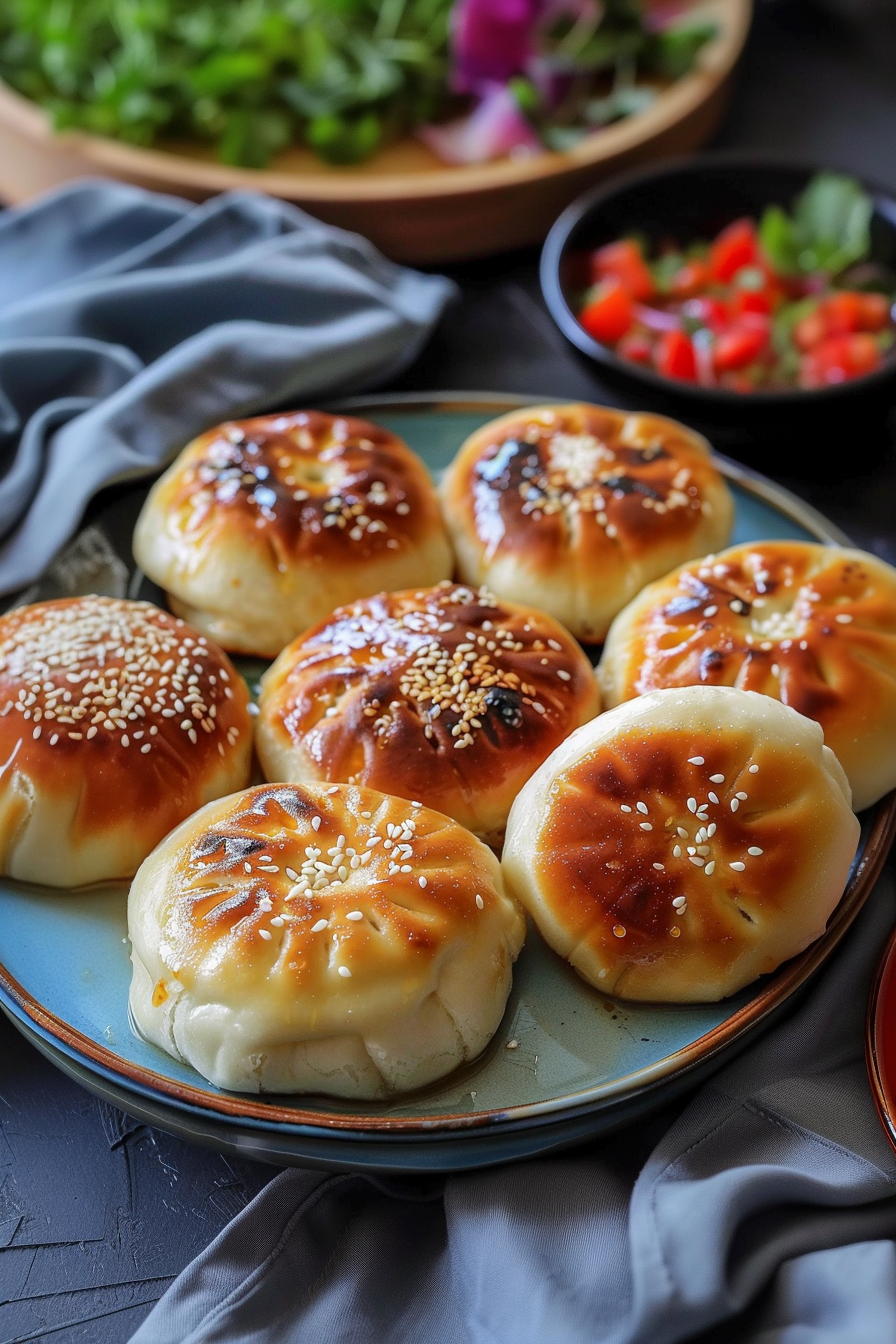 Pan-fried buns with a golden crust served alongside dipping sauces on an elegant dining setup.