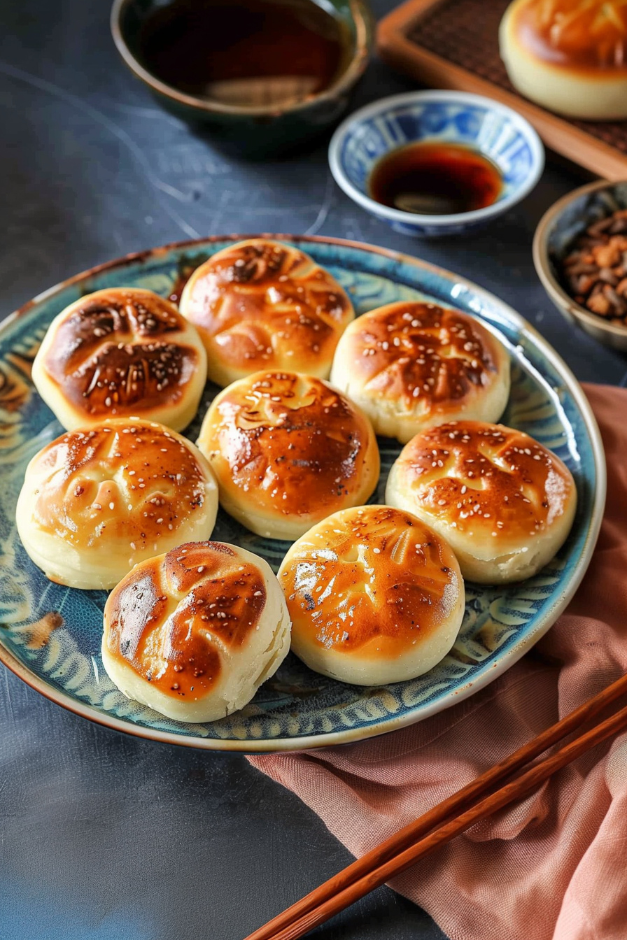 Perfectly browned cabbage and noodle buns on a plate, surrounded by a cozy table setting for sharing.