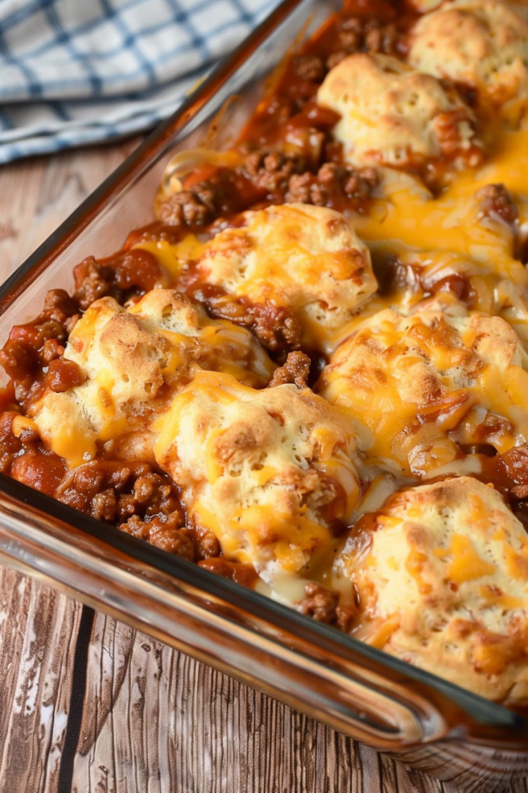 A comforting and cheesy Sloppy Joe casserole, perfect for family dinners, displayed in a glass dish.