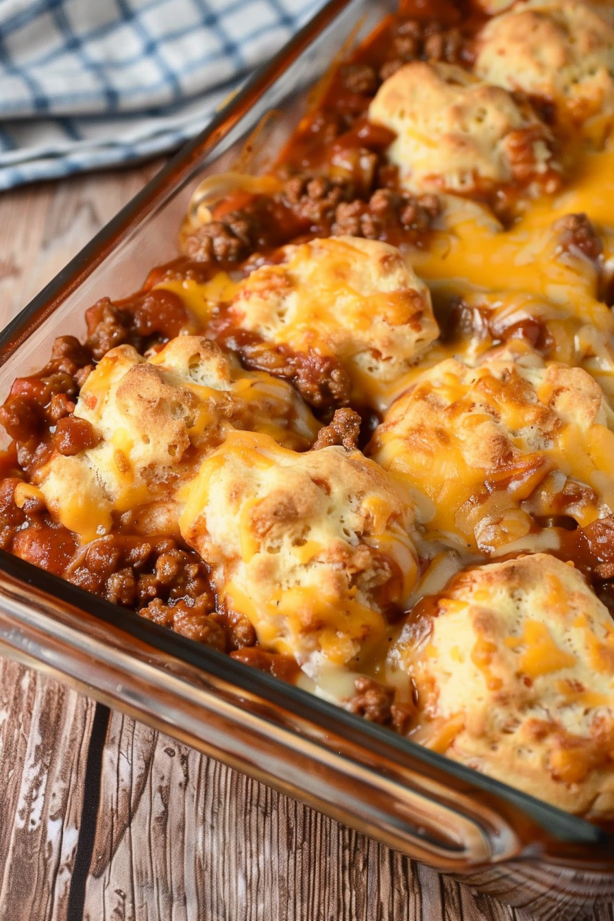 A comforting and cheesy Sloppy Joe casserole, perfect for family dinners, displayed in a glass dish.