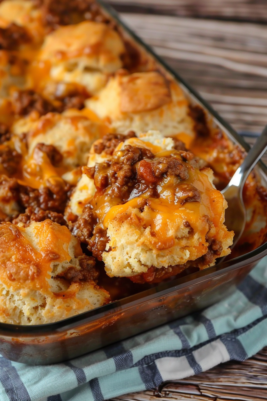 A spoon lifting a serving of cheesy Sloppy Joe casserole with perfectly browned biscuits.