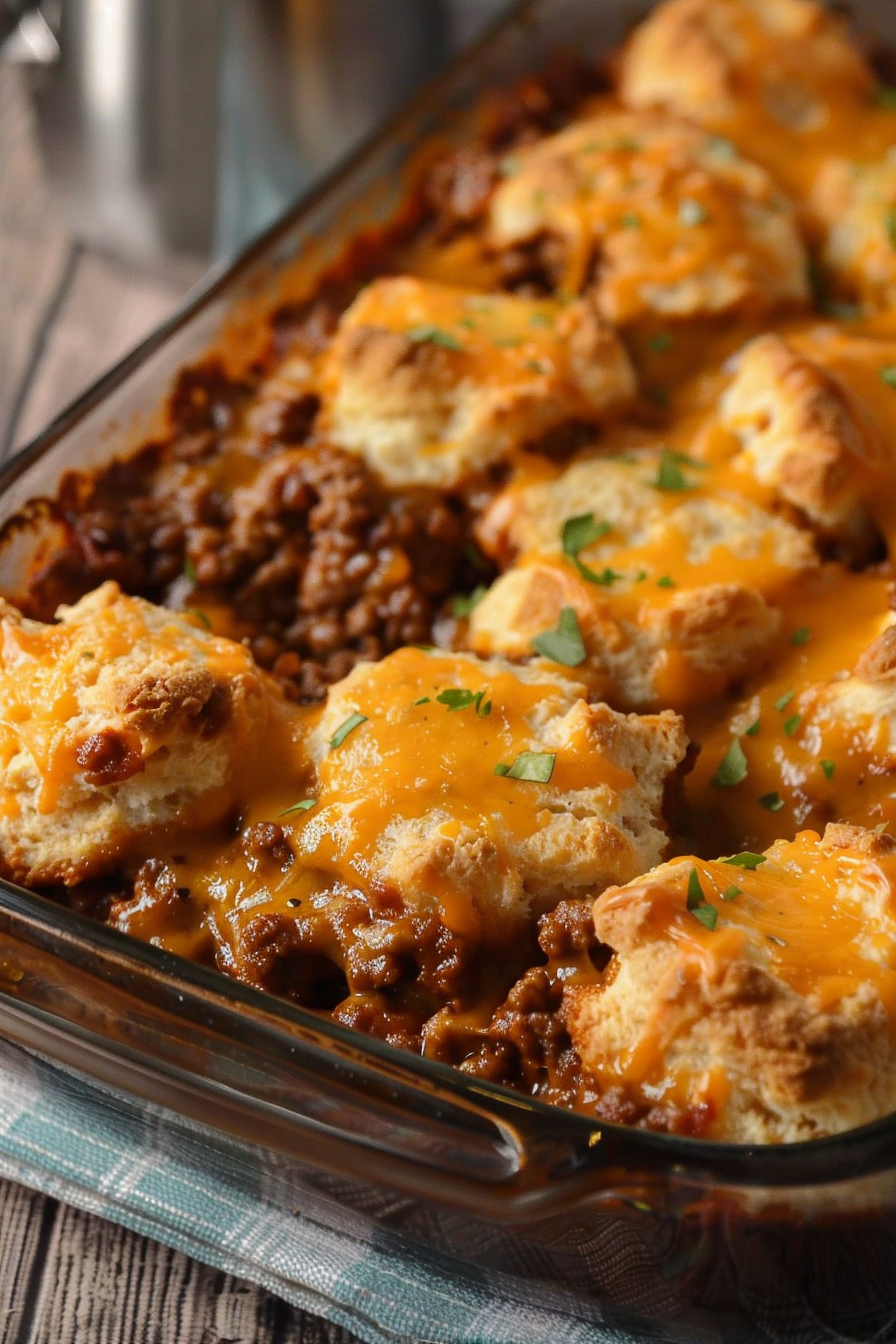 Golden, fluffy biscuits baked on top of a savory Sloppy Joe filling, served in a glass casserole dish.