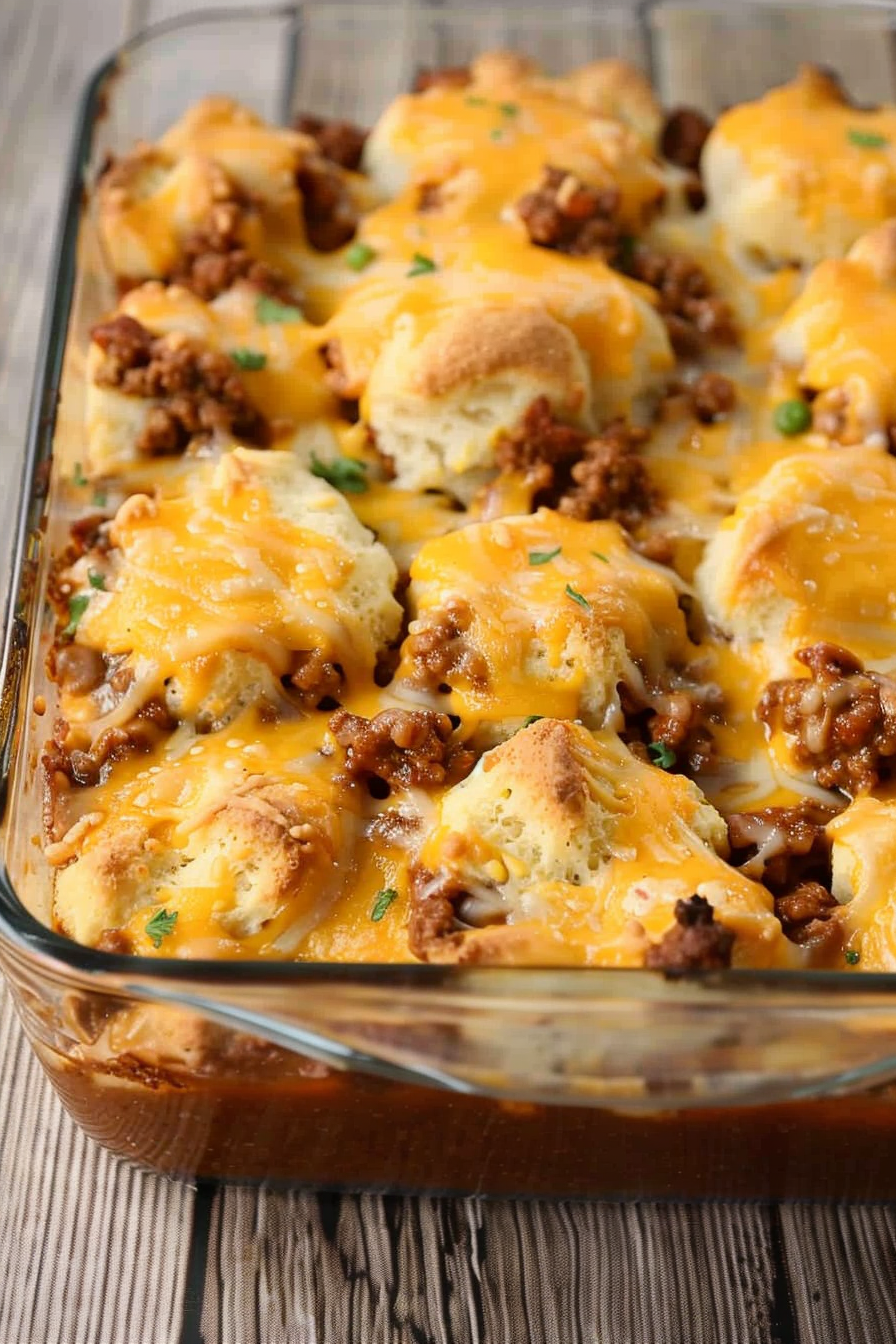 Close-up of melted cheese covering the hearty Sloppy Joe casserole with biscuits nestled on top.