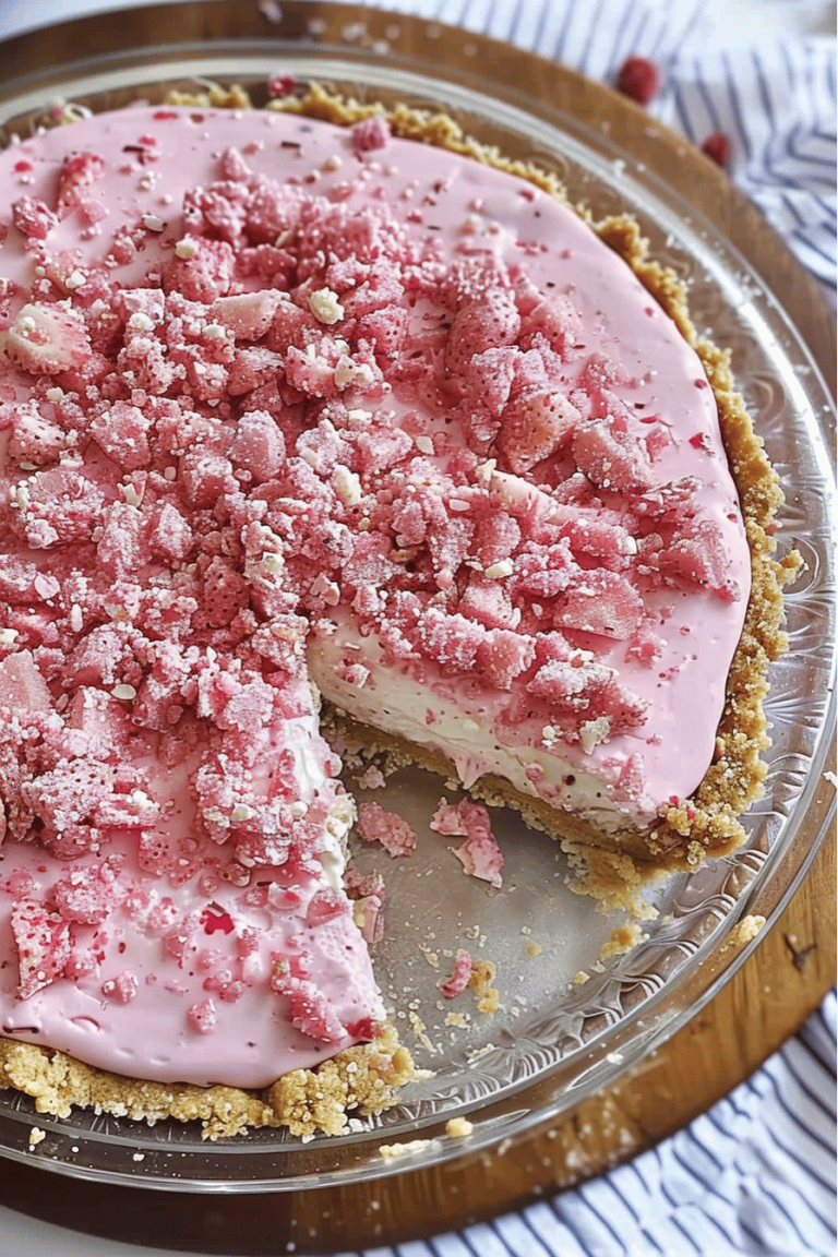 A close-up of a creamy pink pie topped with crumbled strawberry bits, served in a glass pie dish.