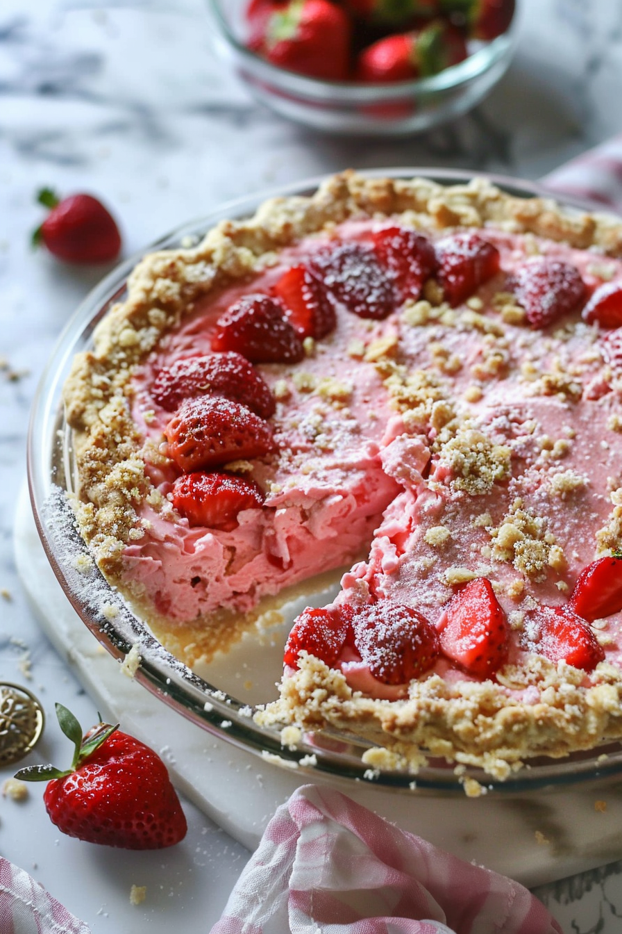 A delectable strawberry dessert in a pie crust, perfect for summer gatherings.