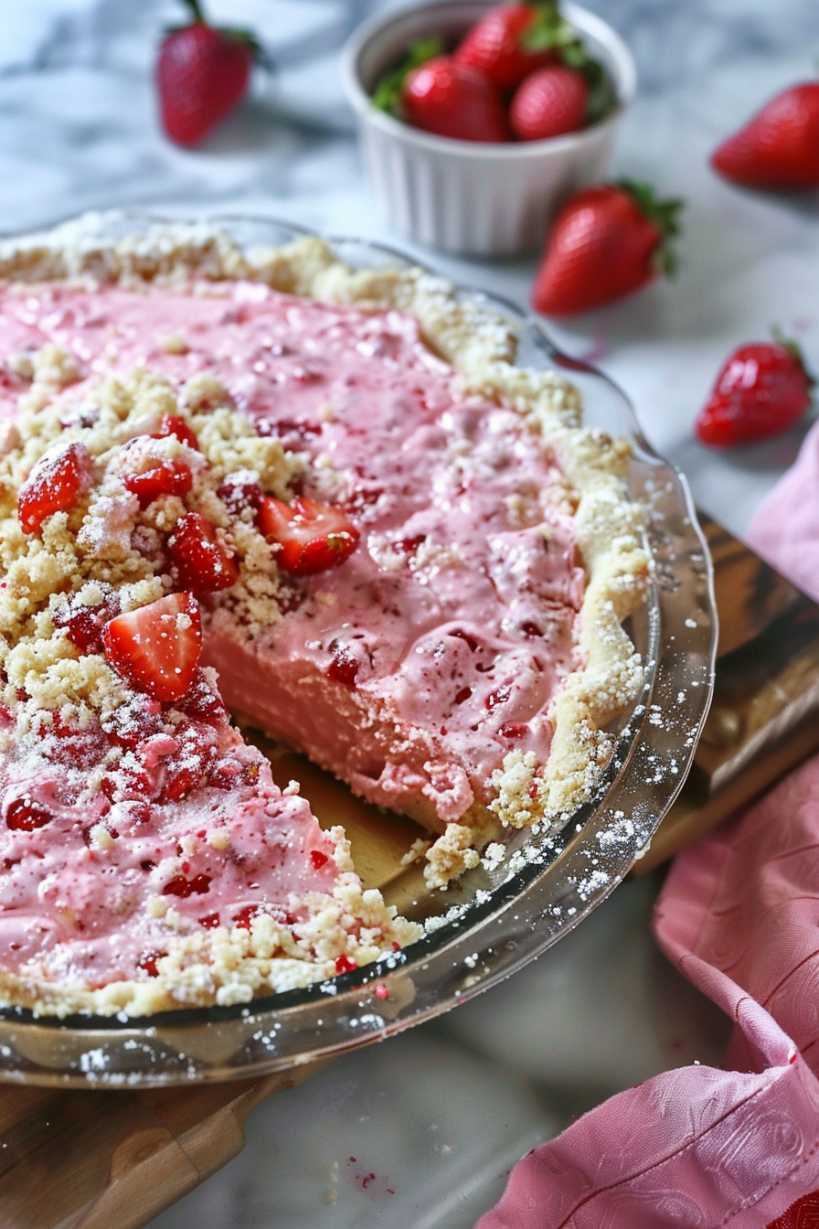 The freezer pie with a golden crust and a vibrant strawberry filling, garnished with fresh strawberries.