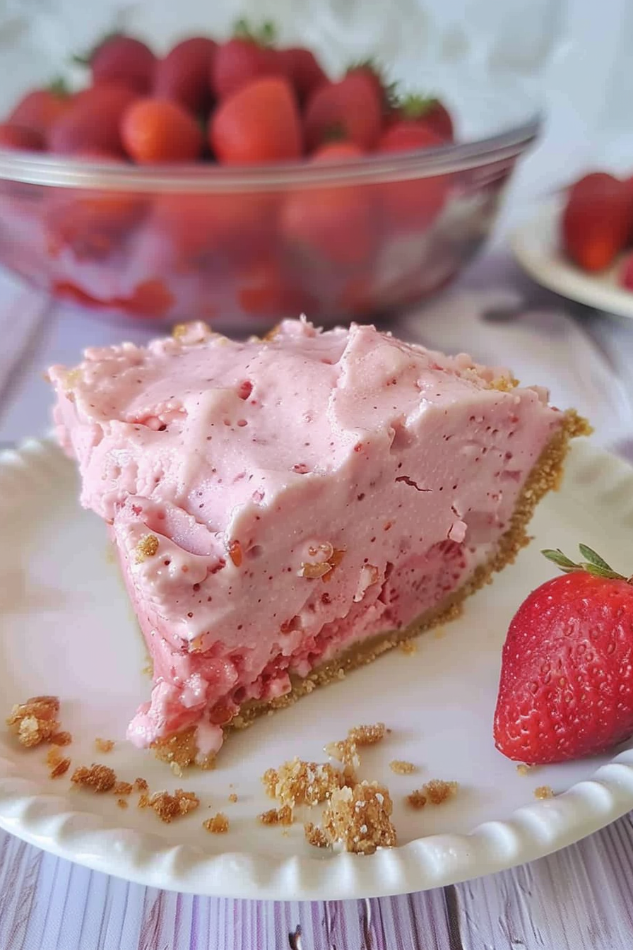 A half-eaten strawberry pie showcasing its smooth, creamy texture and crumbly topping.