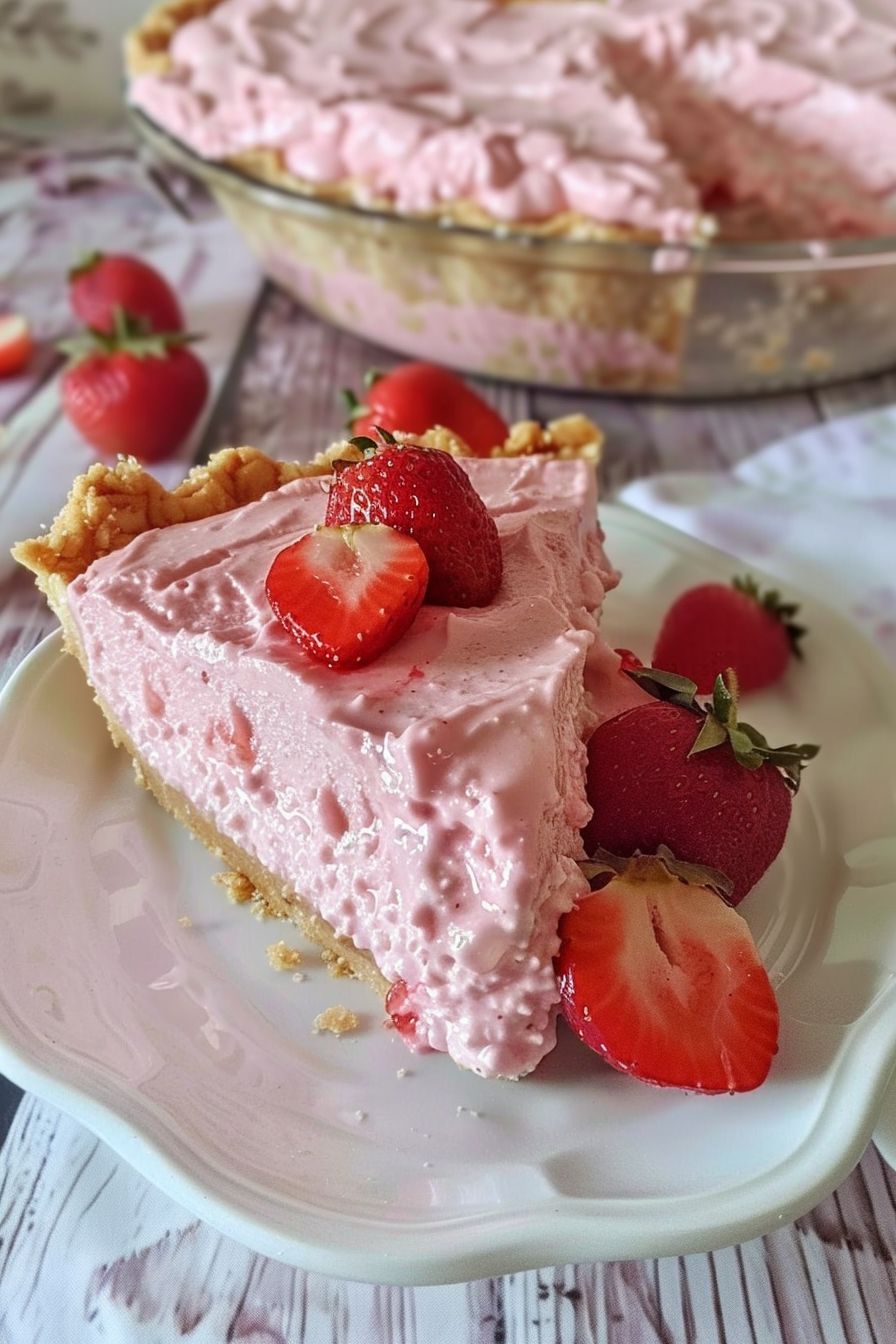 A slice of fluffy strawberry pie on a plate, with fresh strawberries and crumbs in the background.