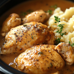 A slow cooker filled with succulent chicken breasts in a rich and creamy gravy, garnished with fresh thyme, served alongside mashed potatoes.