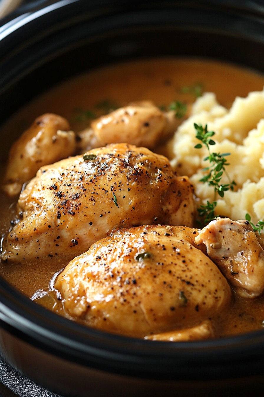 A slow cooker filled with succulent chicken breasts in a rich and creamy gravy, garnished with fresh thyme, served alongside mashed potatoes.