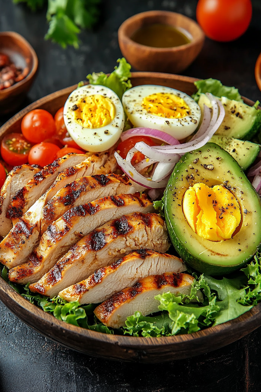 A delicious Paleo Grilled Chicken Cobb Salad featuring sliced grilled chicken, avocado, cherry tomatoes, red onion rings, hard-boiled eggs, and mixed greens in a dark bowl.