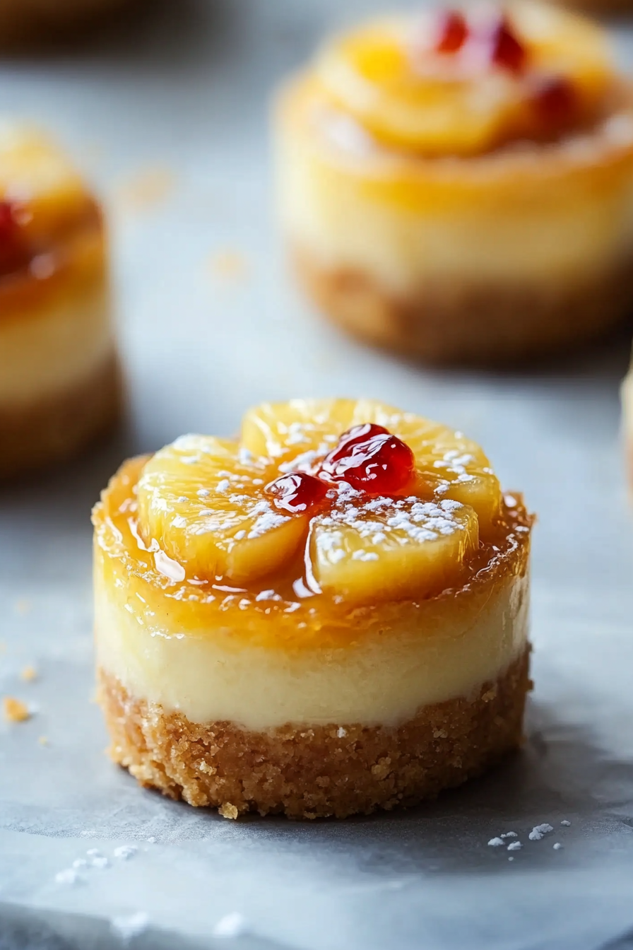 Mini Pineapple Upside-Down Cheesecakes with caramel drizzle, a cherry on top, and a dusting of powdered sugar on a gray surface.