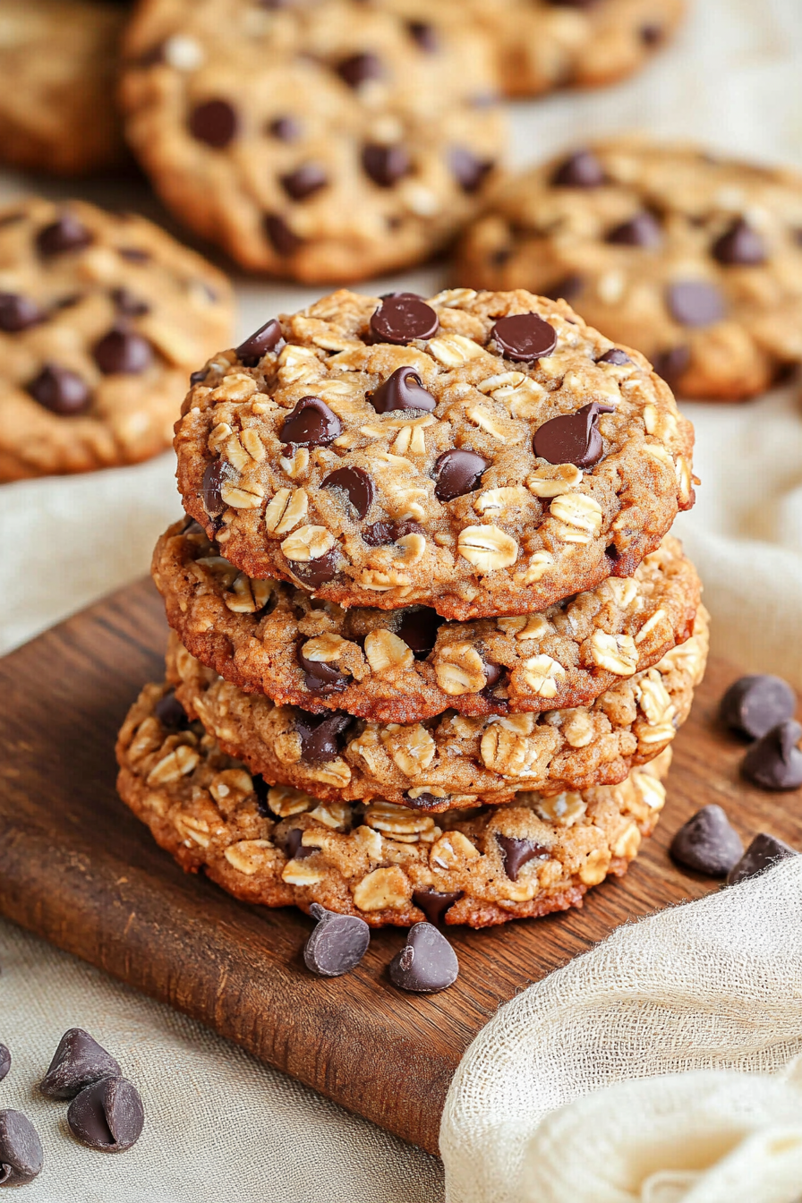 A stack of freshly baked Heavenly Healthful Oatmeal Peanut Butter Cookies, with rich dark chocolate chips prominently displayed, nestled among scattered chocolate chips on a light surface.