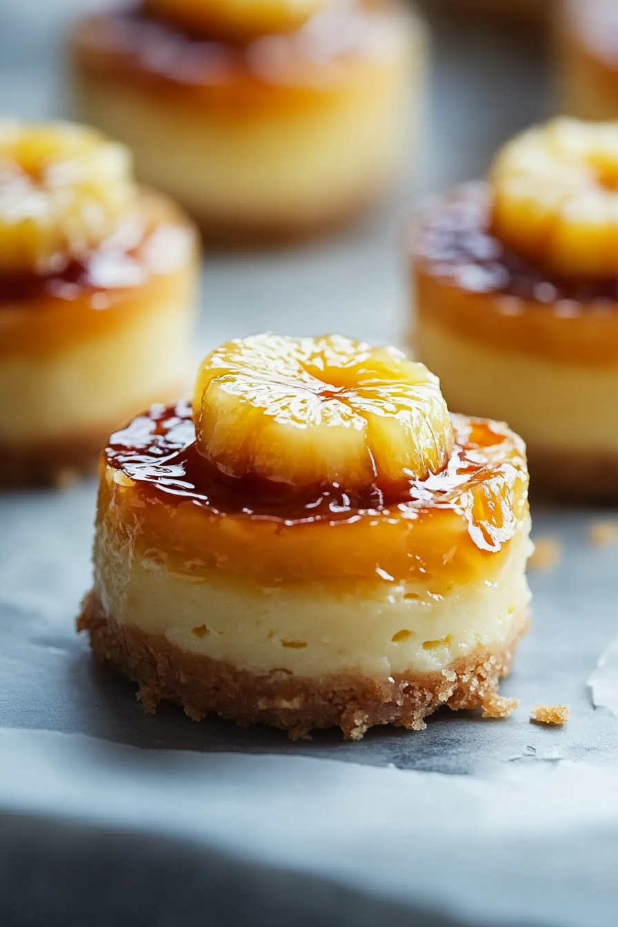 Mini Pineapple Upside-Down Cheesecakes with caramel drizzle, a cherry on top, and a dusting of powdered sugar on a gray surface.