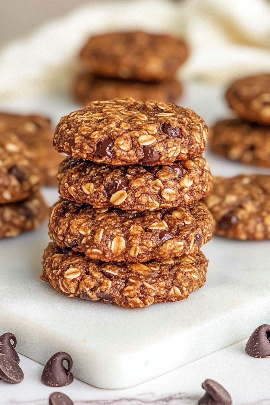 A stack of freshly baked Heavenly Healthful Oatmeal Peanut Butter Cookies, with rich dark chocolate chips prominently displayed, nestled among scattered chocolate chips on a light surface.