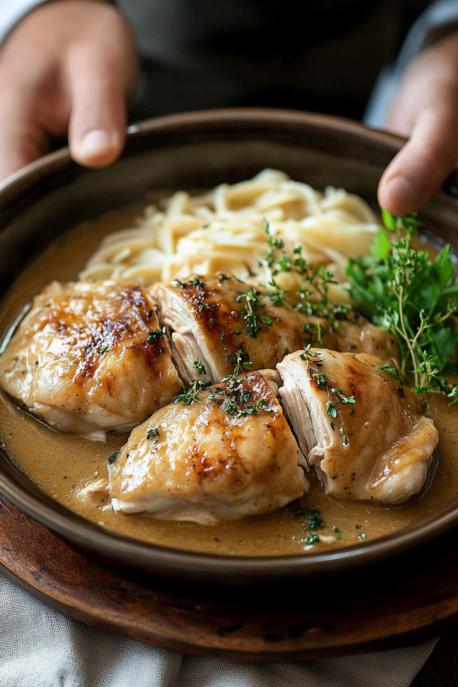 A slow cooker filled with succulent chicken breasts in a rich and creamy gravy, garnished with fresh thyme, served alongside mashed potatoes.