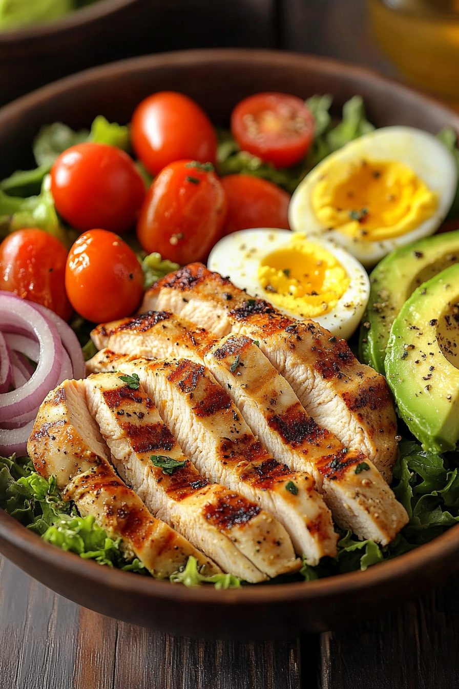 A delicious Paleo Grilled Chicken Cobb Salad featuring sliced grilled chicken, avocado, cherry tomatoes, red onion rings, hard-boiled eggs, and mixed greens in a dark bowl.