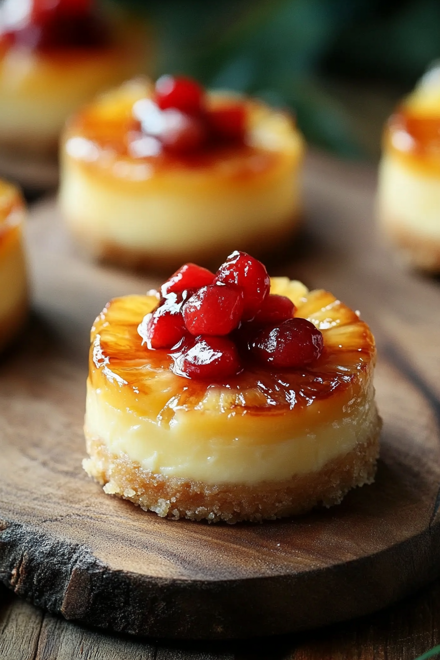 Mini Pineapple Upside-Down Cheesecakes with caramel drizzle, a cherry on top, and a dusting of powdered sugar on a gray surface.