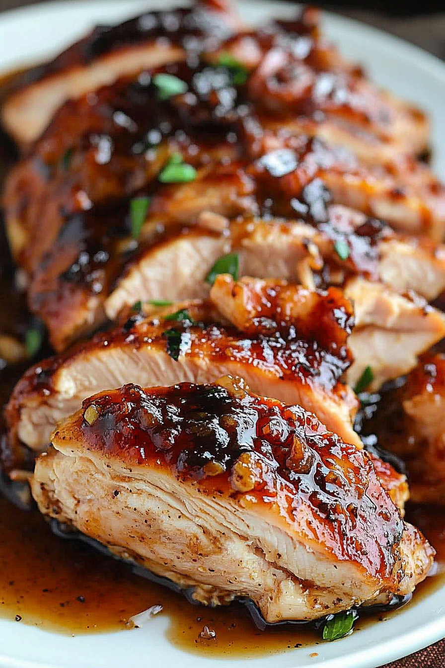 This image displays a Crockpot Brown Sugar Balsamic Glazed Pork Tenderloin, beautifully caramelized and sliced, served over mashed potatoes. The glaze is glossy and rich, enhancing the tender meat's appeal. Fresh herbs sprinkle the top, adding a fresh visual and flavor contrast.