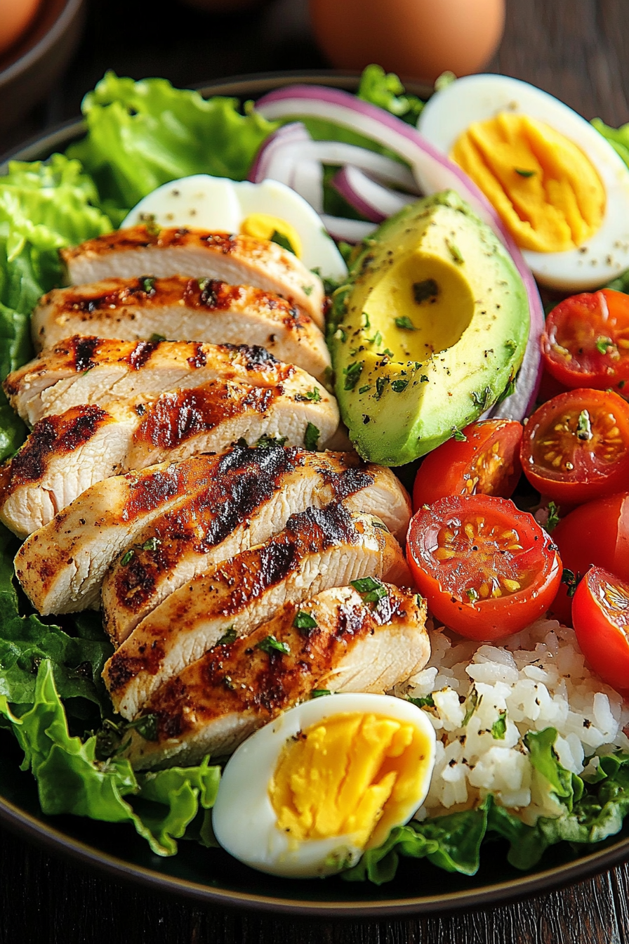 A delicious Paleo Grilled Chicken Cobb Salad featuring sliced grilled chicken, avocado, cherry tomatoes, red onion rings, hard-boiled eggs, and mixed greens in a dark bowl.