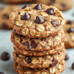 A stack of freshly baked Heavenly Healthful Oatmeal Peanut Butter Cookies, with rich dark chocolate chips prominently displayed, nestled among scattered chocolate chips on a light surface.