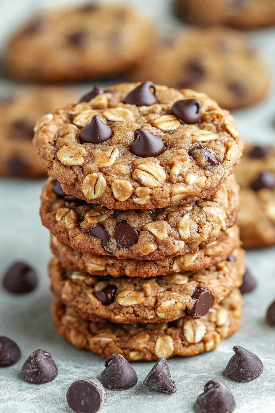 A stack of freshly baked Heavenly Healthful Oatmeal Peanut Butter Cookies, with rich dark chocolate chips prominently displayed, nestled among scattered chocolate chips on a light surface.