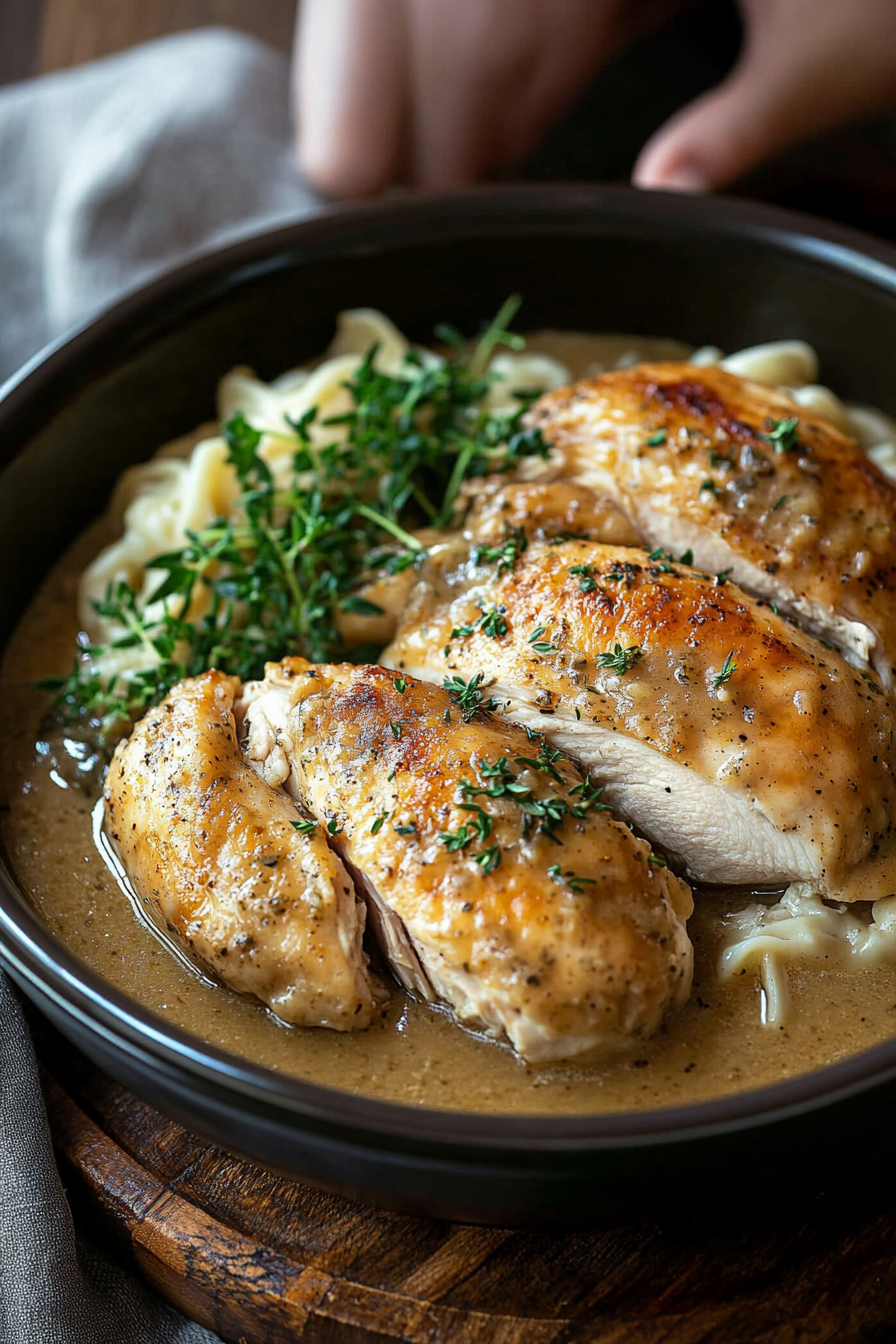 A slow cooker filled with succulent chicken breasts in a rich and creamy gravy, garnished with fresh thyme, served alongside mashed potatoes.