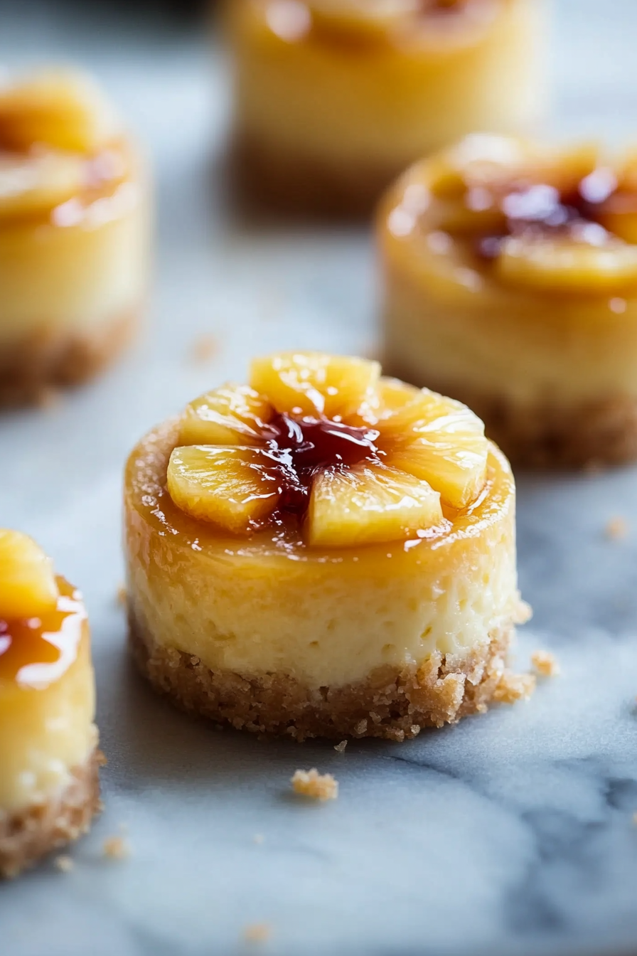 Mini Pineapple Upside-Down Cheesecakes with caramel drizzle, a cherry on top, and a dusting of powdered sugar on a gray surface.