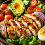 A delicious Paleo Grilled Chicken Cobb Salad featuring sliced grilled chicken, avocado, cherry tomatoes, red onion rings, hard-boiled eggs, and mixed greens in a dark bowl.